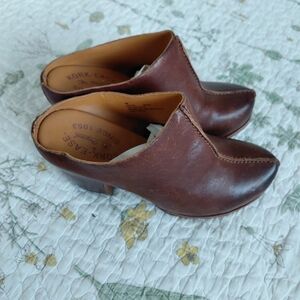 Kork Ease Brown Leather Mules Clogs Platform Scandi Girl Boho Western Sz 6 Comfy